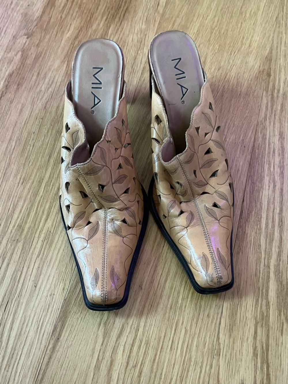 MIA Beige Leather Western Cutout Slip-On Mules